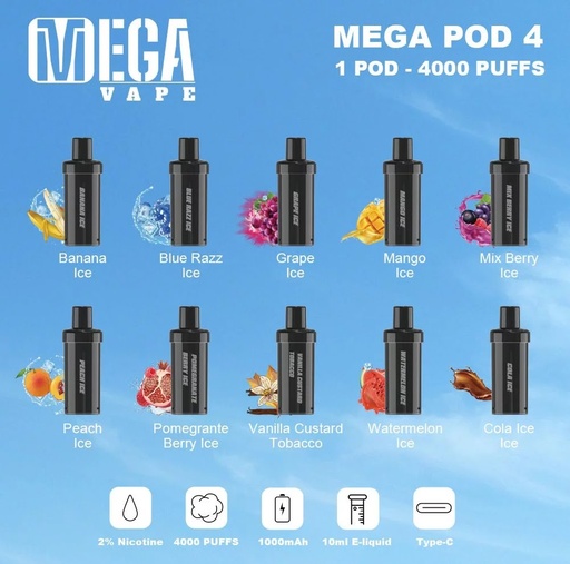 Mega Pod 4 Flavors 4000 Puffs New Flavor